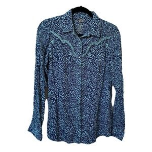 Y2K Rock 47 Wrangler Womens Blue Zebra Print Western Snap Shirt Embroidered
